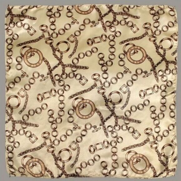 Vintage Style Chain Print Square Scarf Beige and Brown Elegant Satin Neckerchief - Picture 7 of 9